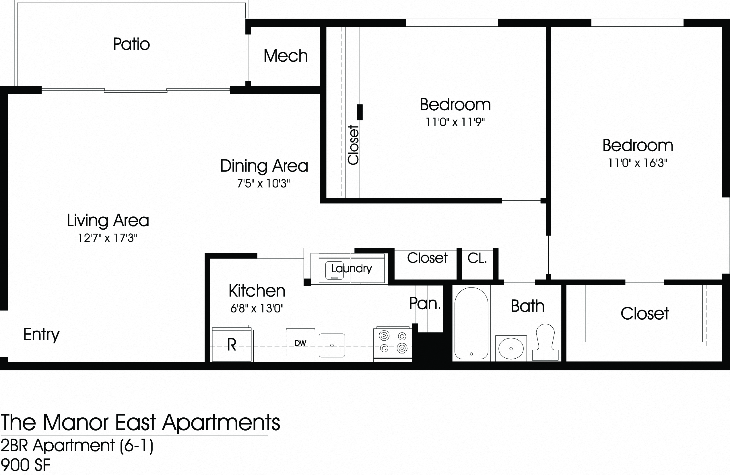 Floor plan for 2 beds, 1 bath, 900 sqft